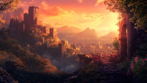 Sunlit fortified valley city in atmospheric depth rendering.