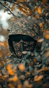 Hidden watcher in autumn leaves and digital camouflage.