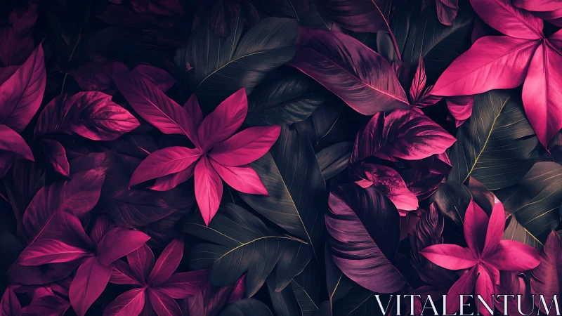Magenta tropical foliage pattern on dark botanical background.