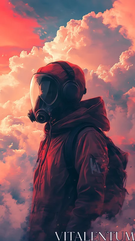 Person in red hazmat suit standing in vivid sunset clouds.