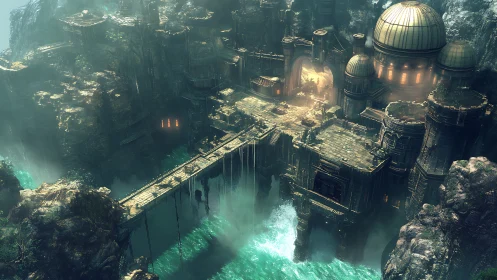 Fantasy cliffside fortress with domed observatory architecture.