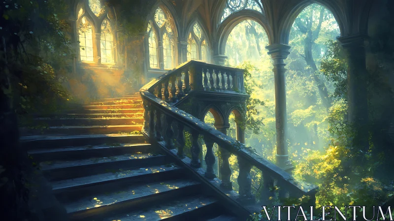 Gothic stone staircase in overgrown arboreal cloister light study.