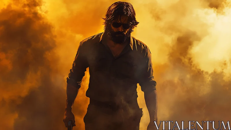 Bearded man with gun walking through dense orange smoke.