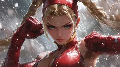 Blonde female fighter in red gear under heavy rain.