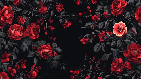 Crimson Roses Dance Against Void in Moody Floral Symphony