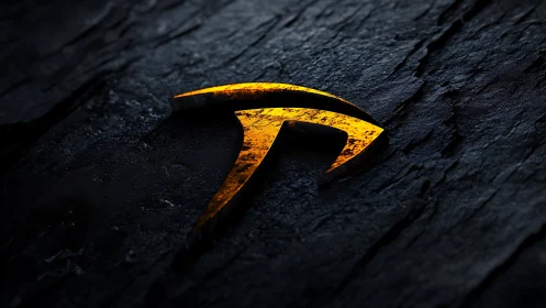 Molten metallic emblem embedded in dark slate surface.