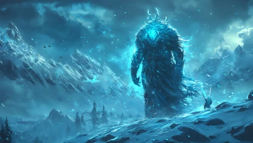 Glacial colossus confronting lone warrior in blizzard-lit valley.
