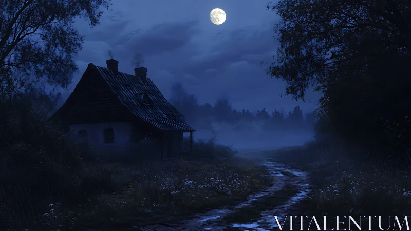 Moonlit cottage whispers softly along a misted forest path