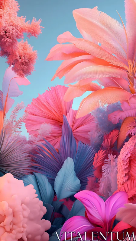Volumetric Botanical Composition: Layered Pink-Coral Florals with Azure Atmosphere.