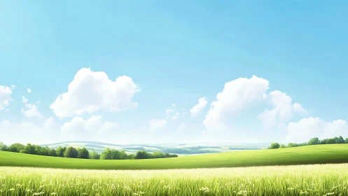 Sunlit meadow rolling under cotton-bright summer clouds.