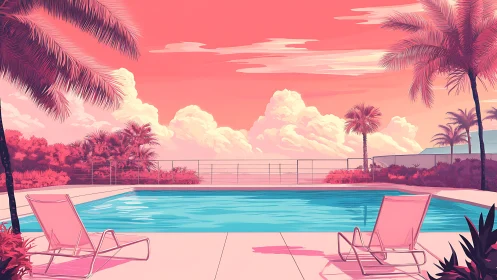 Sunset pool terrace with neon coral tropical glow.