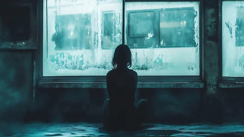 Quiet silhouette waiting by frosted windows in blue hush.