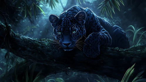 Mystical Leopard in the Night Forest.