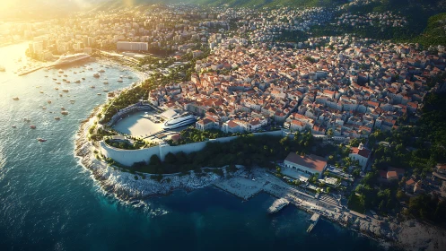 Sunlit coastal town and harbor embraced by sparkling sea.