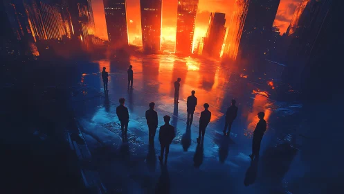 Silhouetted figures stand on wet ground before burning city