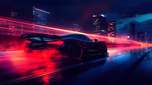 Futuristic hypercar accelerates through neon-soaked cybercity