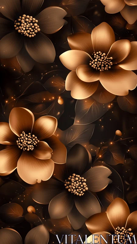 Golden Blooms Against Darkness: Luminous Metallic Flower Composition.