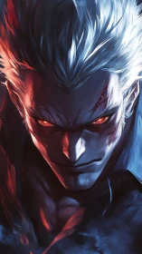 Bicolor-illuminated antihero portrait with infernal gaze dynamics.