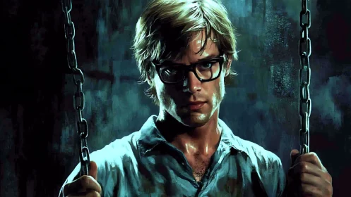 Moody portrait of bespectacled man gripping chains in low key light