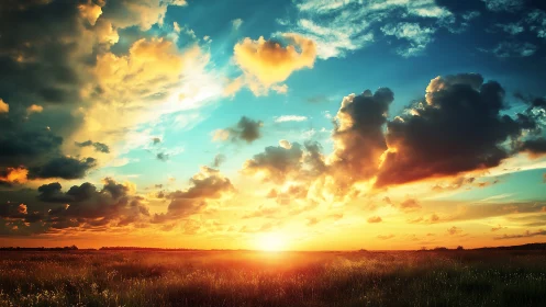 Radiant prairie sunset beneath sculpted stormlit clouds.