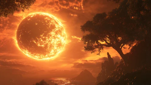 Molten sky star kissing a lonely cliffside tree goodbye.