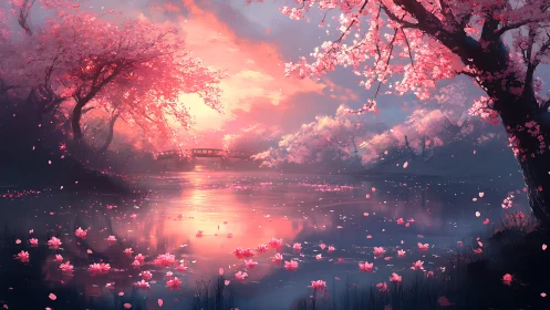 Dreamy cherry blossom lake glowing in soft evening light.