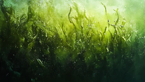 Underwater kelp forest sways in luminous emerald light