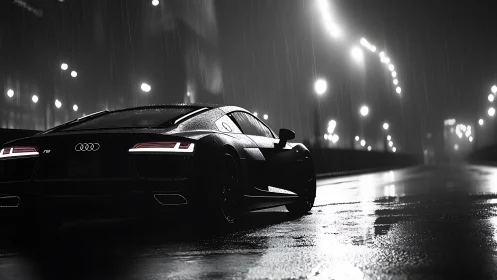 Audi R8 parked on wet city street at night in rainfall.
