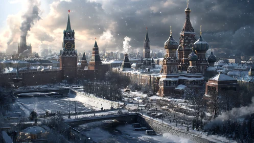 Snowy city skyline with storybook towers and quiet river.