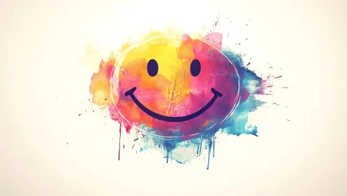 Sunburst smile splashed in watercolor joy across white space.