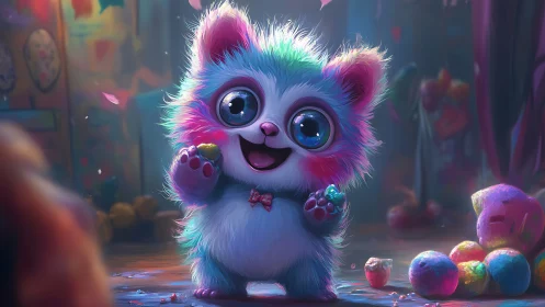 Multicolored cartoon creature with candy in indoor scene.