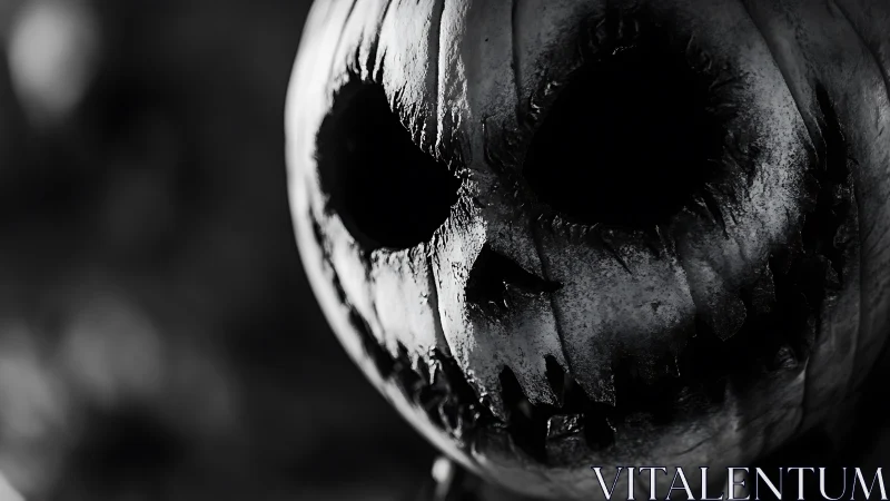 Close-up of sinister carved pumpkin face in shadow.