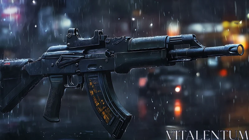Tactical AK-style rifle in rain with wet urban bokeh backdrop