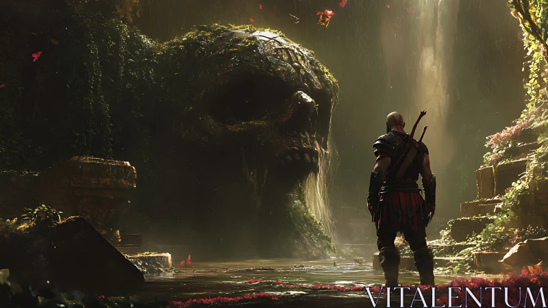 Armored warrior confronting colossal moss-covered skull cave