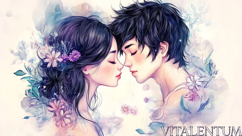 Two figures embrace in dreamy watercolor romance.