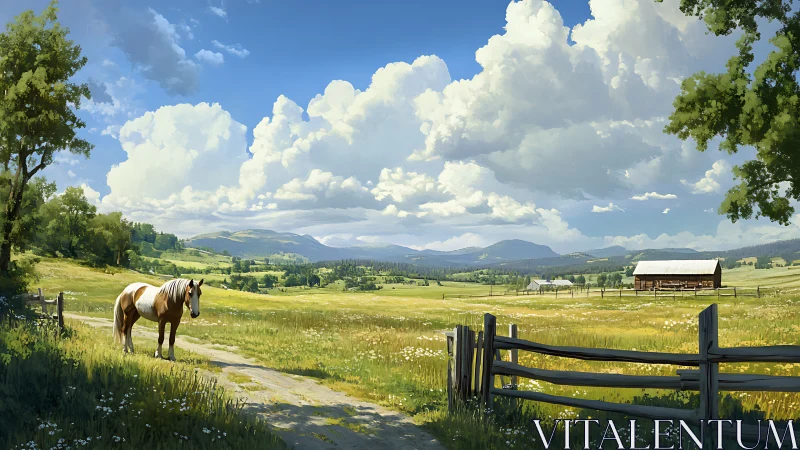 Sunlit pasture dreams with lone horse and distant barns.