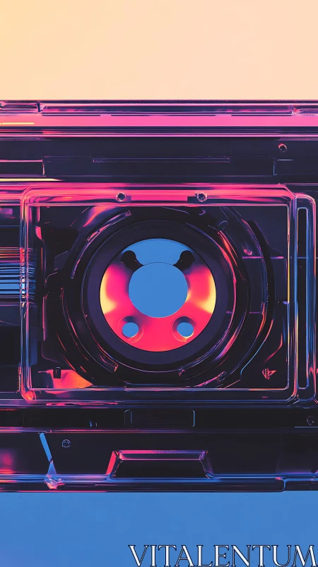 Neon-lit retro cassette close-up in duotone gradient glow.