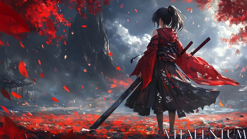 Samurai girl stands in red leaf storm before dark cliffs.