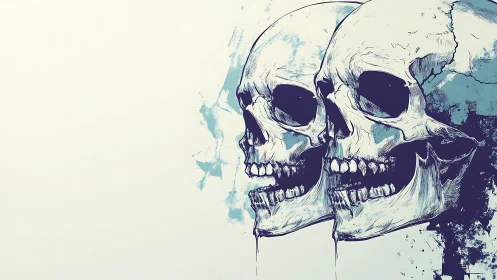 Triad of ink-rendered skulls with teal abstract splashes.