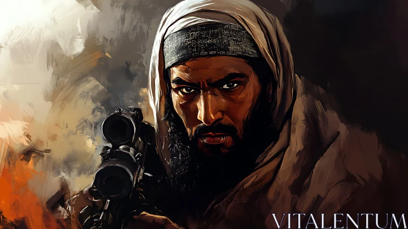 Armed man in keffiyeh with rifle in dramatic portrait.