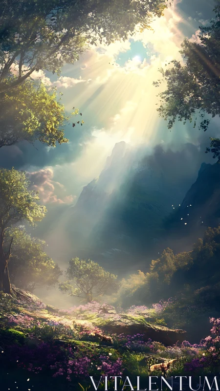 Sunlit forest valley welcomes soft light and quiet wonder