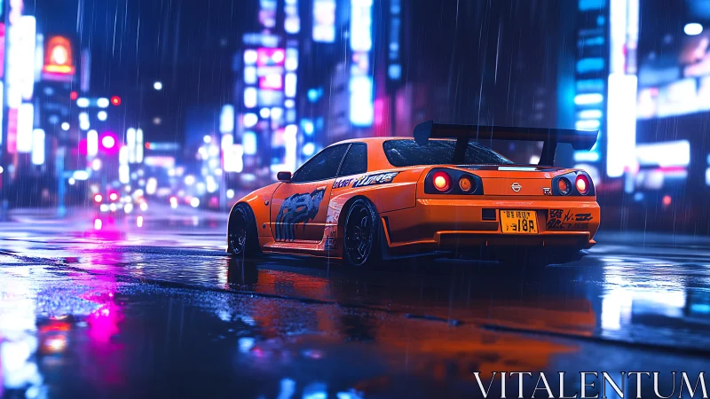 Orange drift car idles in neon drenched cyberpunk city rain