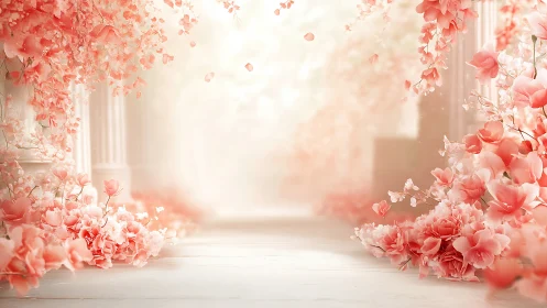 Coral Floral Pathway Through Luminous Garden Space.