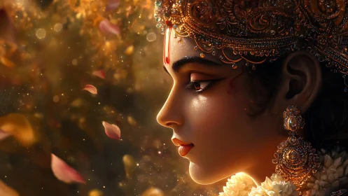 Profile portrait of jeweled woman in warm golden light.