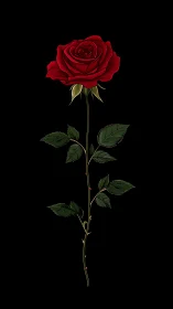Red Rose with Stem and Leaves on Black Background