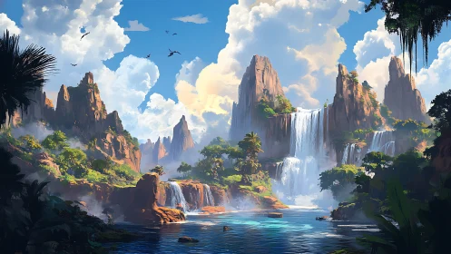 Majestic Hidden Canyon with Cascading Waterfalls.