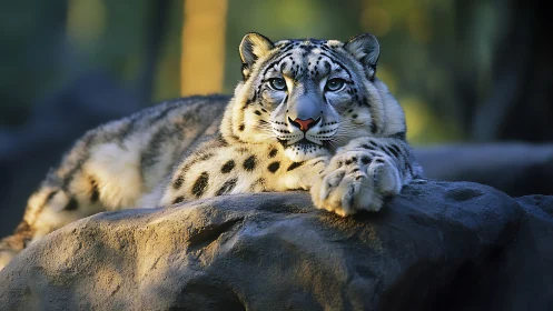 Snow leopard daydream sprawls across sunlit mountain stone.