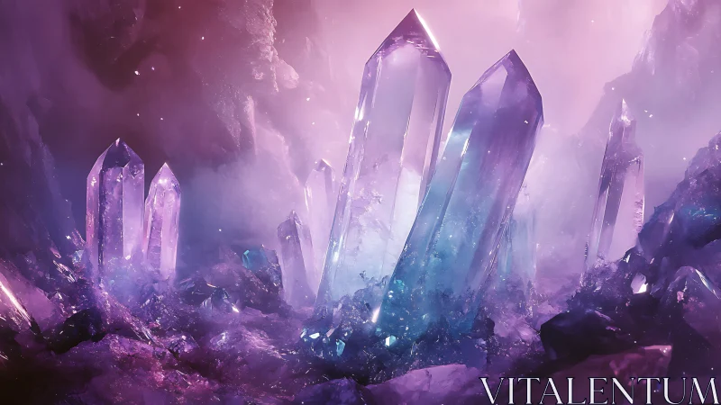 Spectral quartz crystal cluster in volumetric nebula haze.