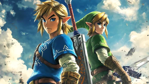 Two fantasy warriors back to back with swords in sky setting.