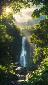 Sunlit rainforest waterfall framed by dense foliage and mist